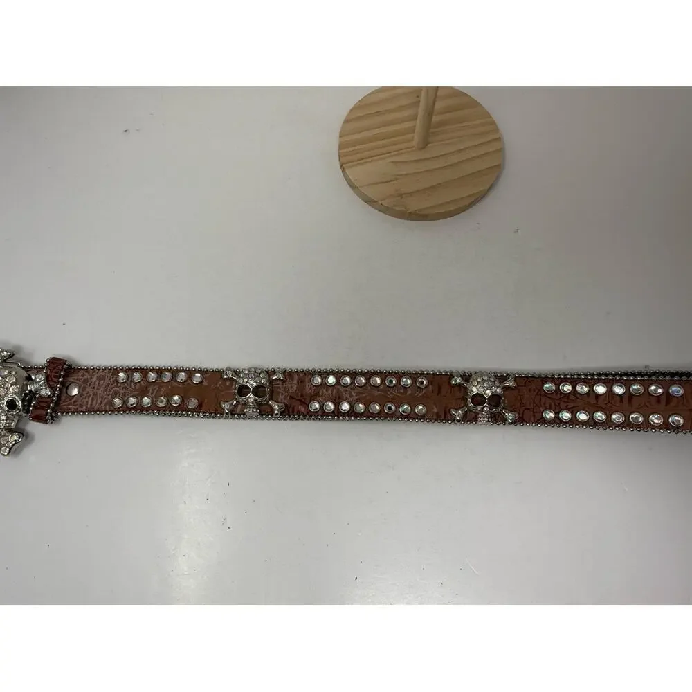 Rhinestone Western Belt Skull Brown Silver Clear Stone Unisex Size M New Leather